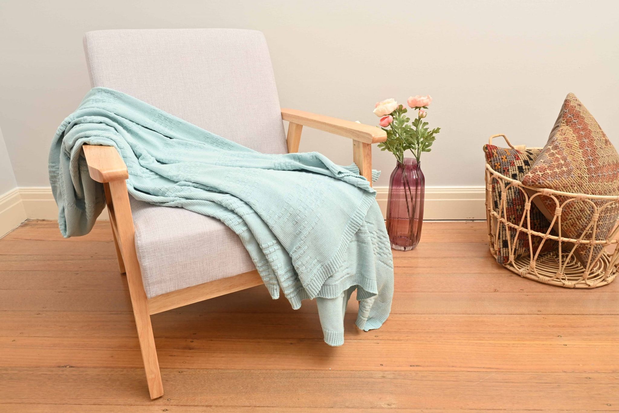 Mint Green Cotton Knitted Throw - Image 3