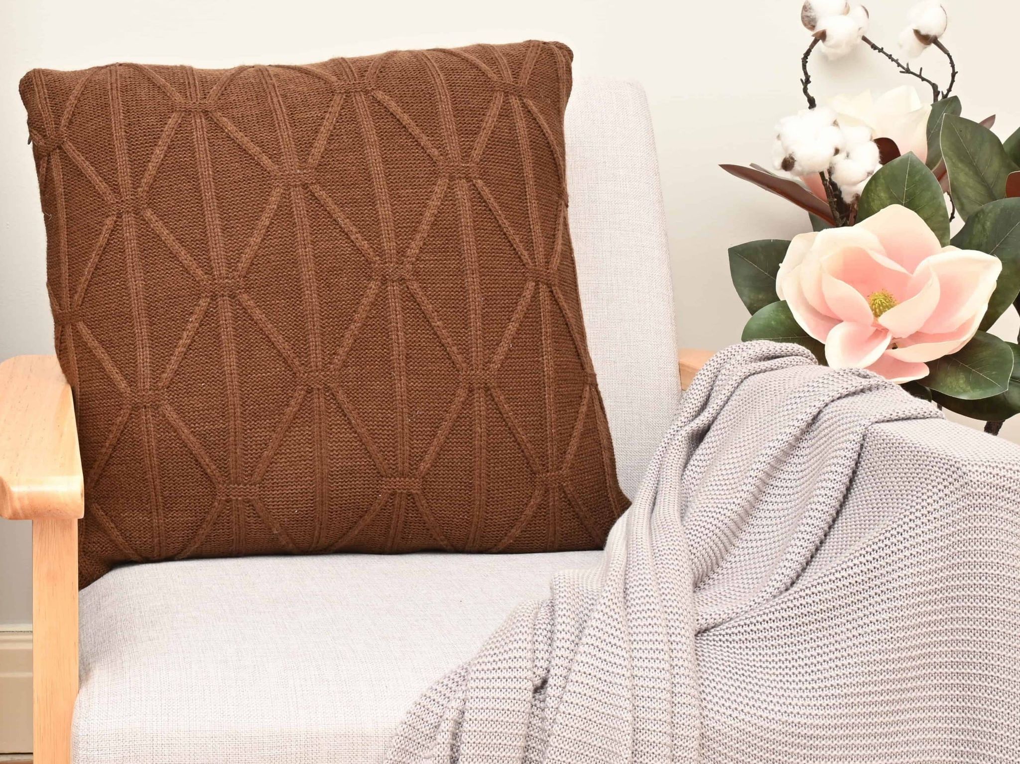Twisted Diamond Knitted Cushion - Chocolate