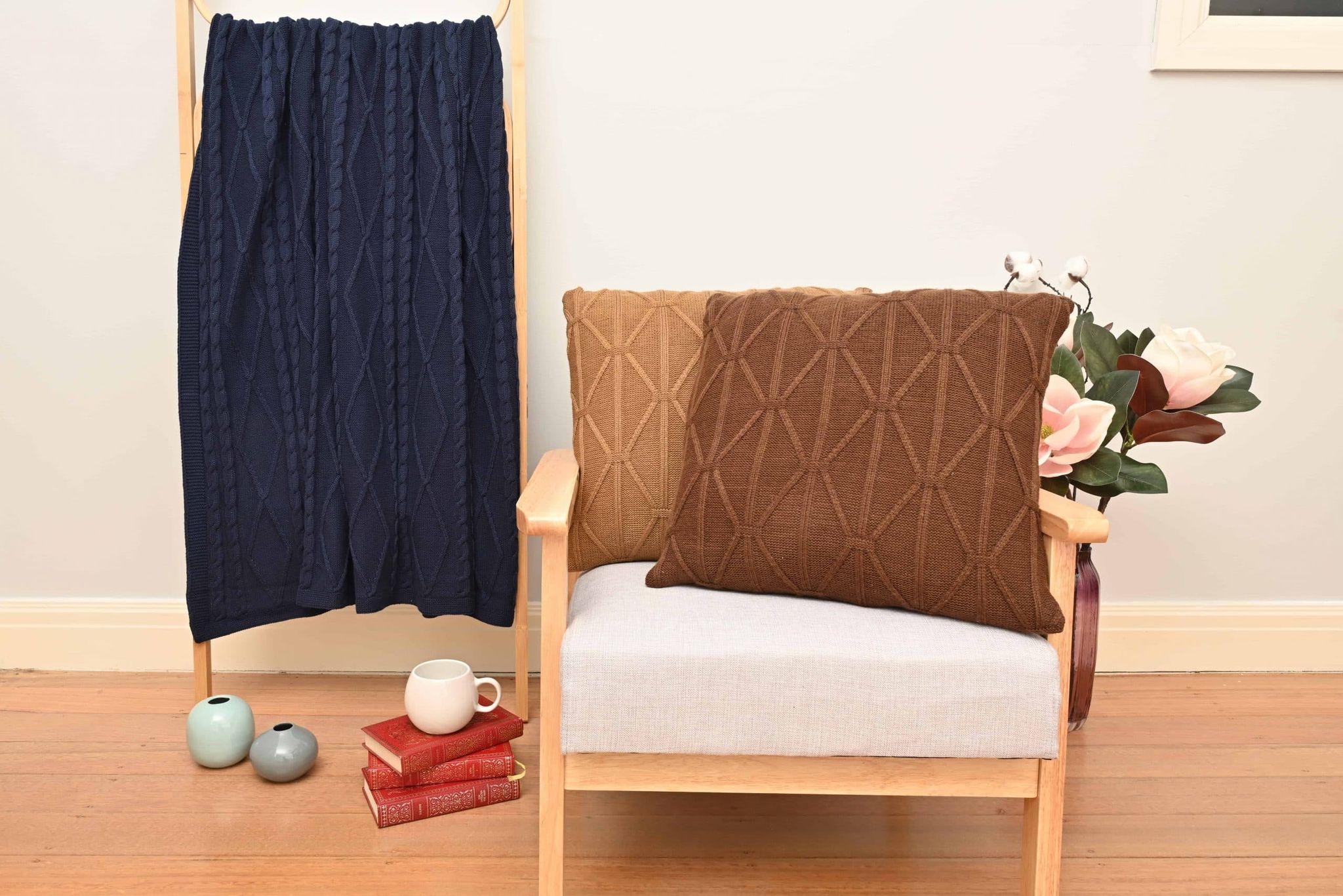 Navy Blue Twisted Diamond Knitted Throw