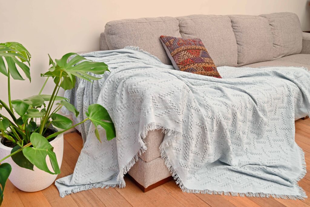 Vintage Style Woven Throw Medium Large Sky Blue