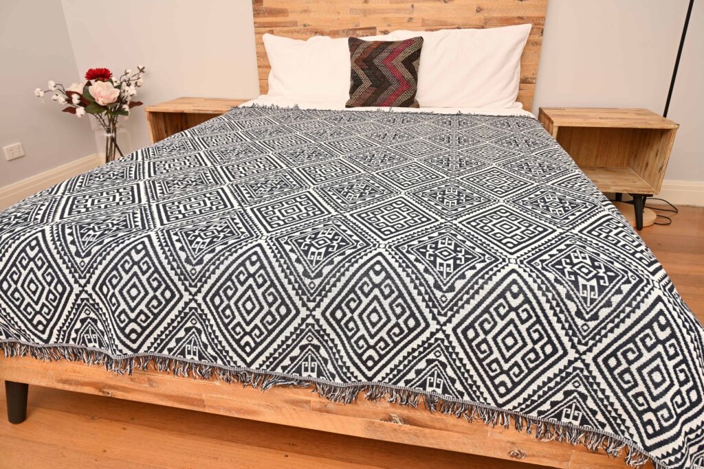 Black & White Patterned Throw/Picnic Rug Medium Large